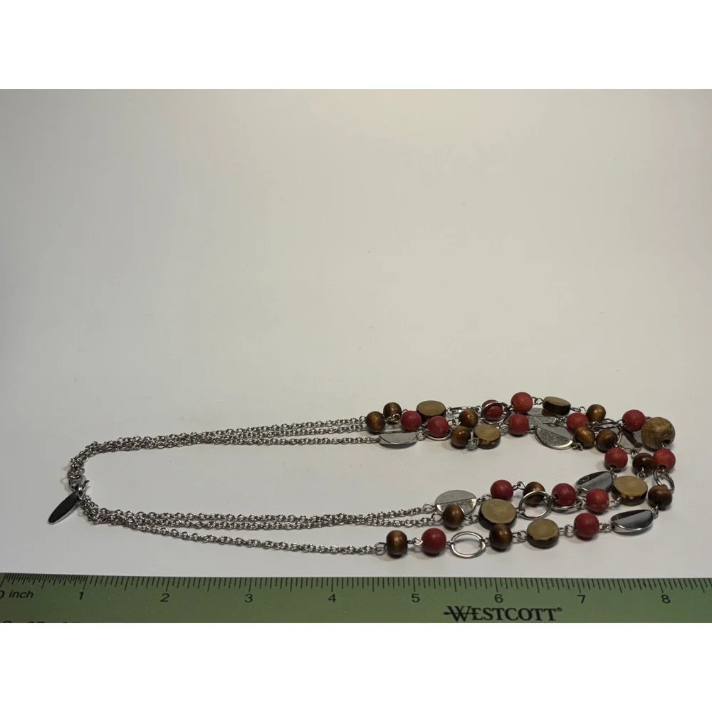 NY and Co‎ Layered Necklace Silver Red Brown Wood Bead Multi Strand Statement